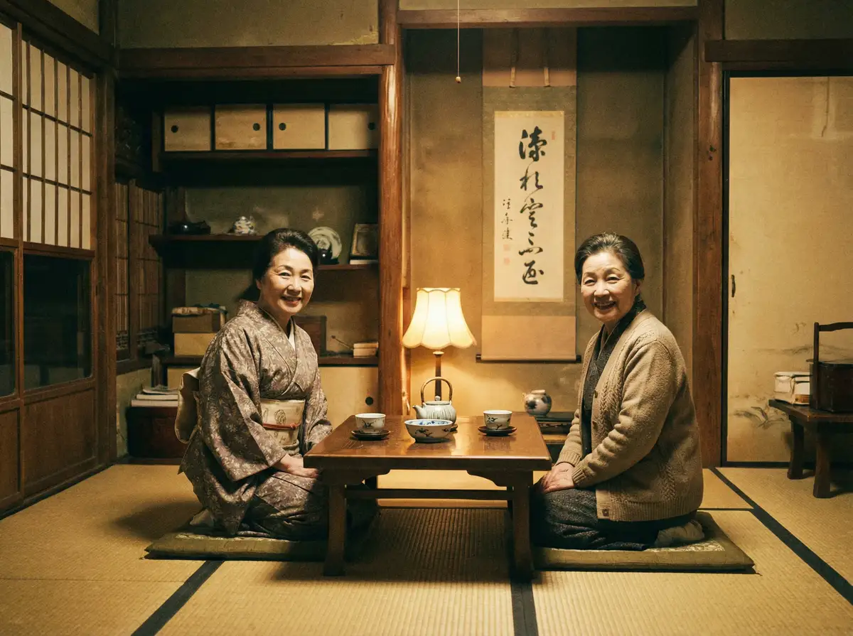两位优雅的 幻影体育app 在日式茶室中品茶交谈